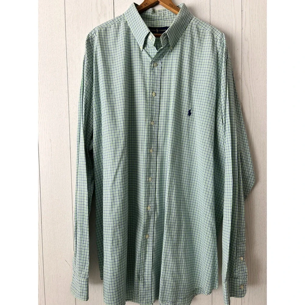 Ralph Lauren Button Down Shirt 2XLT Tall Green Blue Gingham Pony Logo Cotton